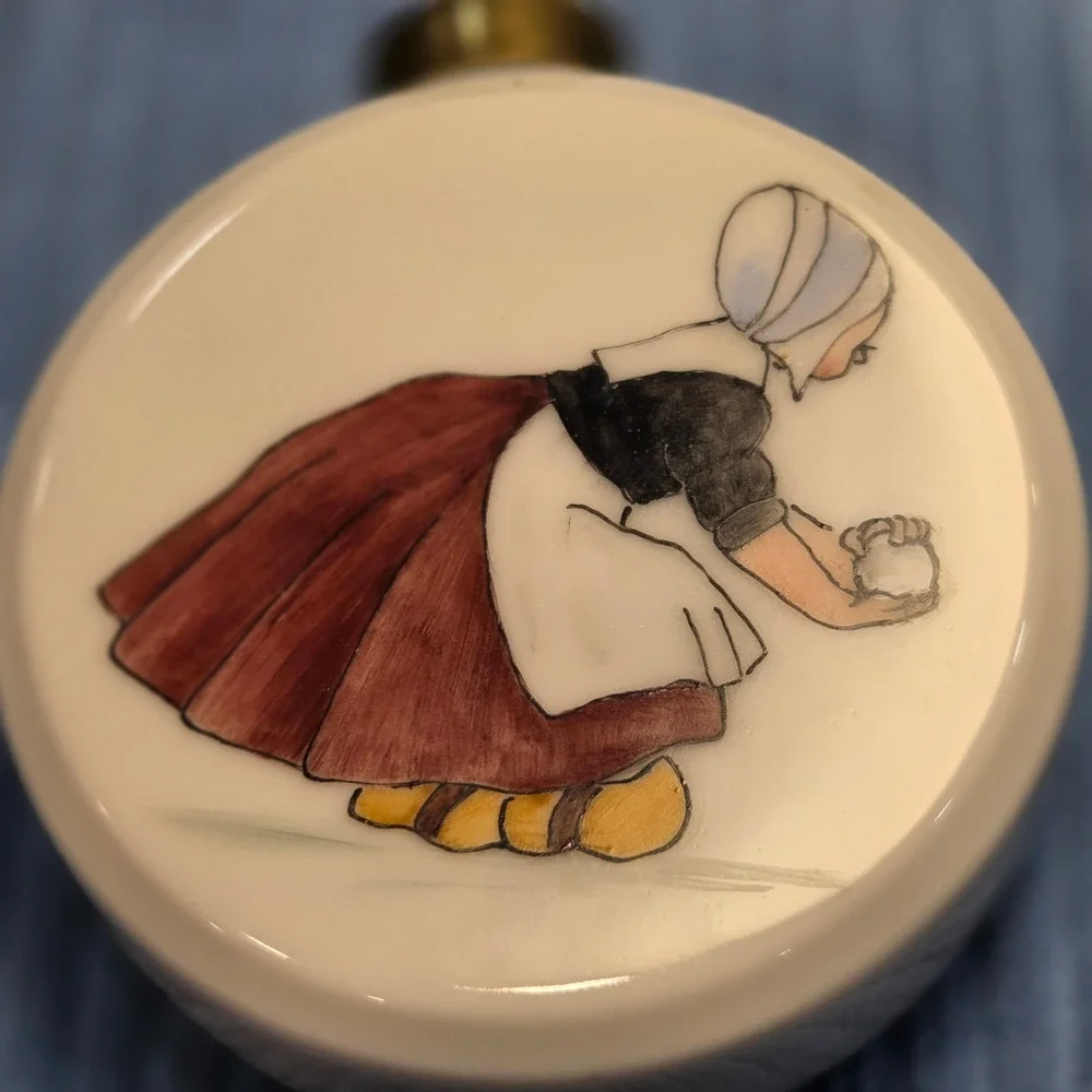 Vintage Dutch Scene Porcelain Disc Ornament Hand Painted Ceramic Ice Skating